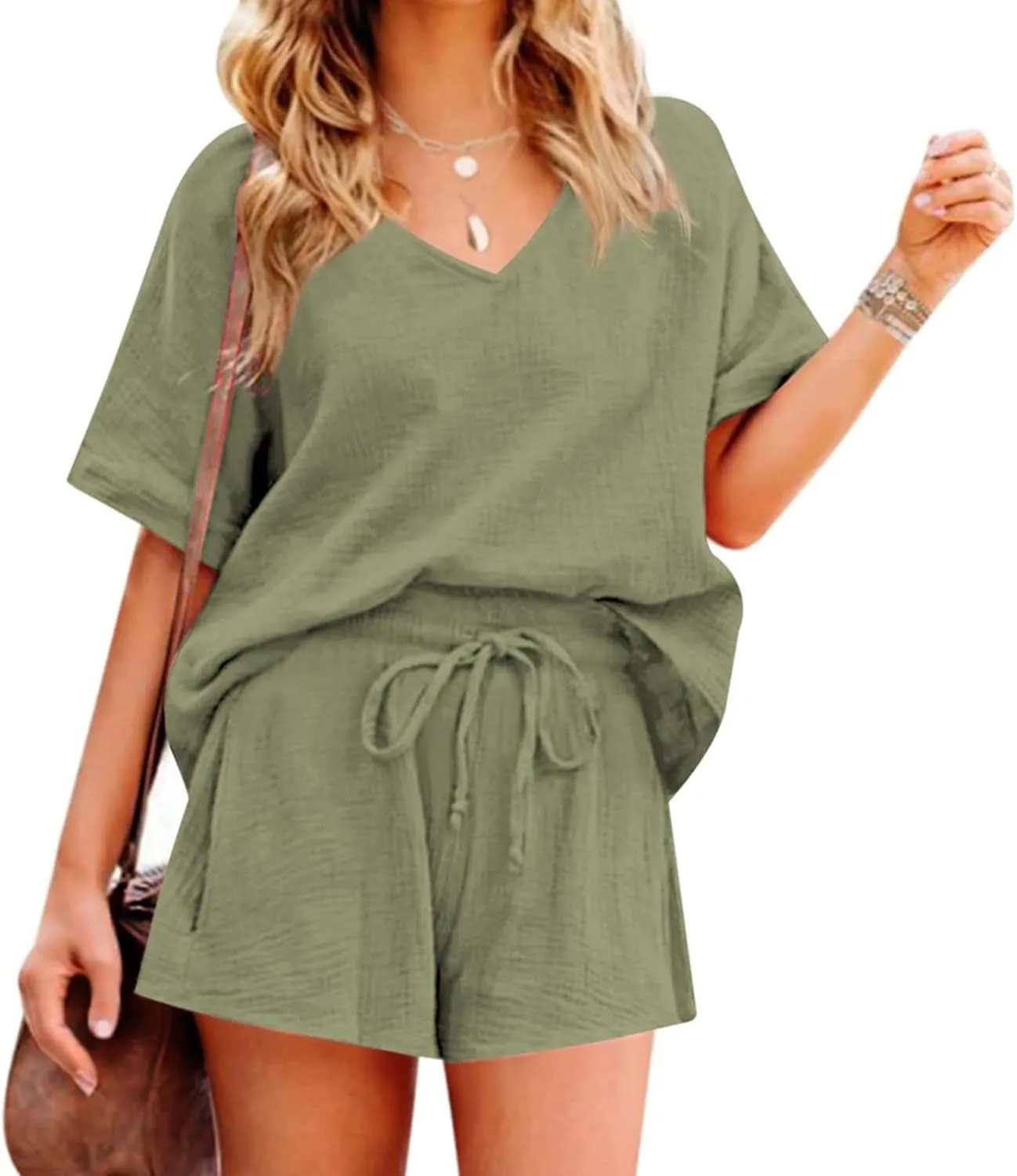 Workout Sets for Women Plus Size Outfits Cotton Linen V Neck Short Sleeve Tops Loose Fit Shorts Set Summer Outfits
