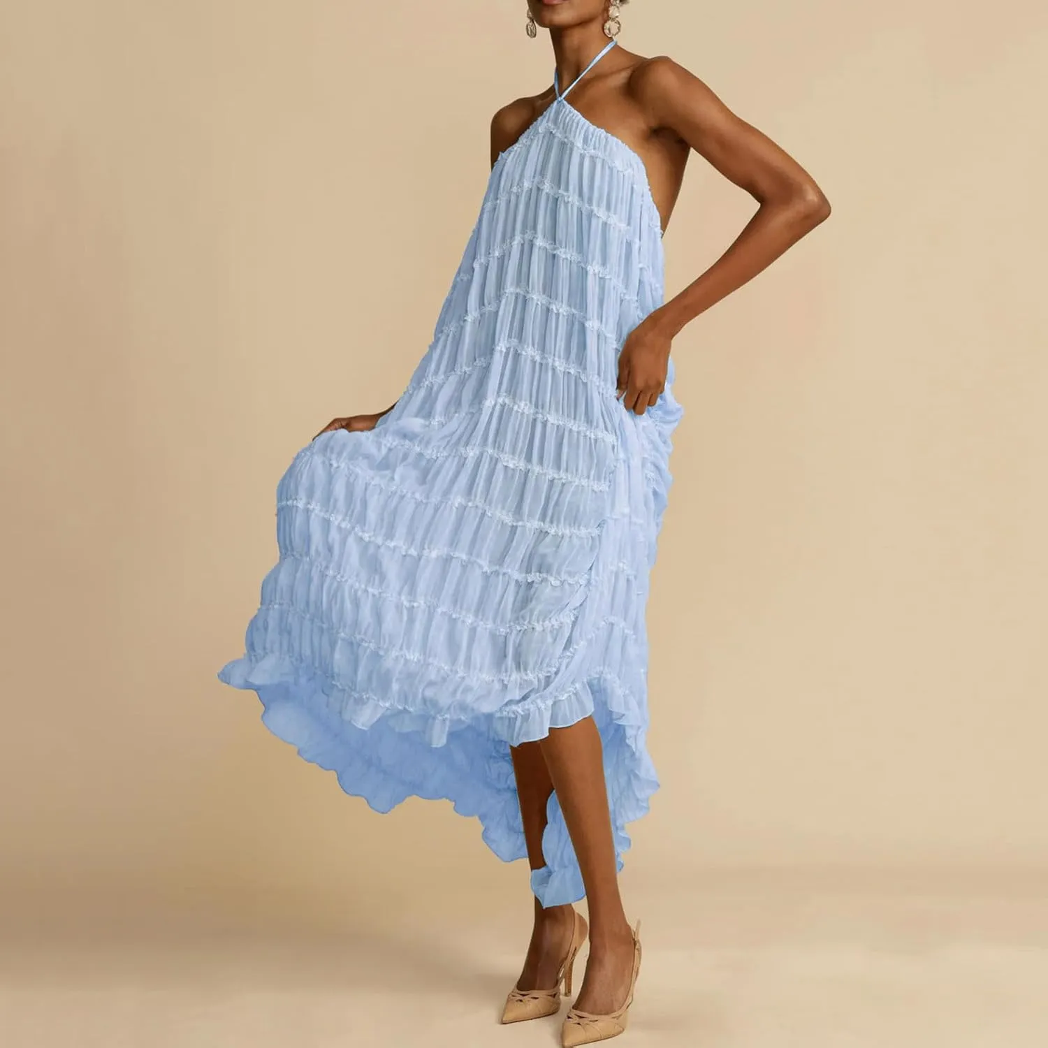 Xiaojmake Elegant Formal Dress Asymmetrical Ruffle Maxi Dresses Mesh Halter Neck Sleeveless Flowy Tiered Long Wedding Dress