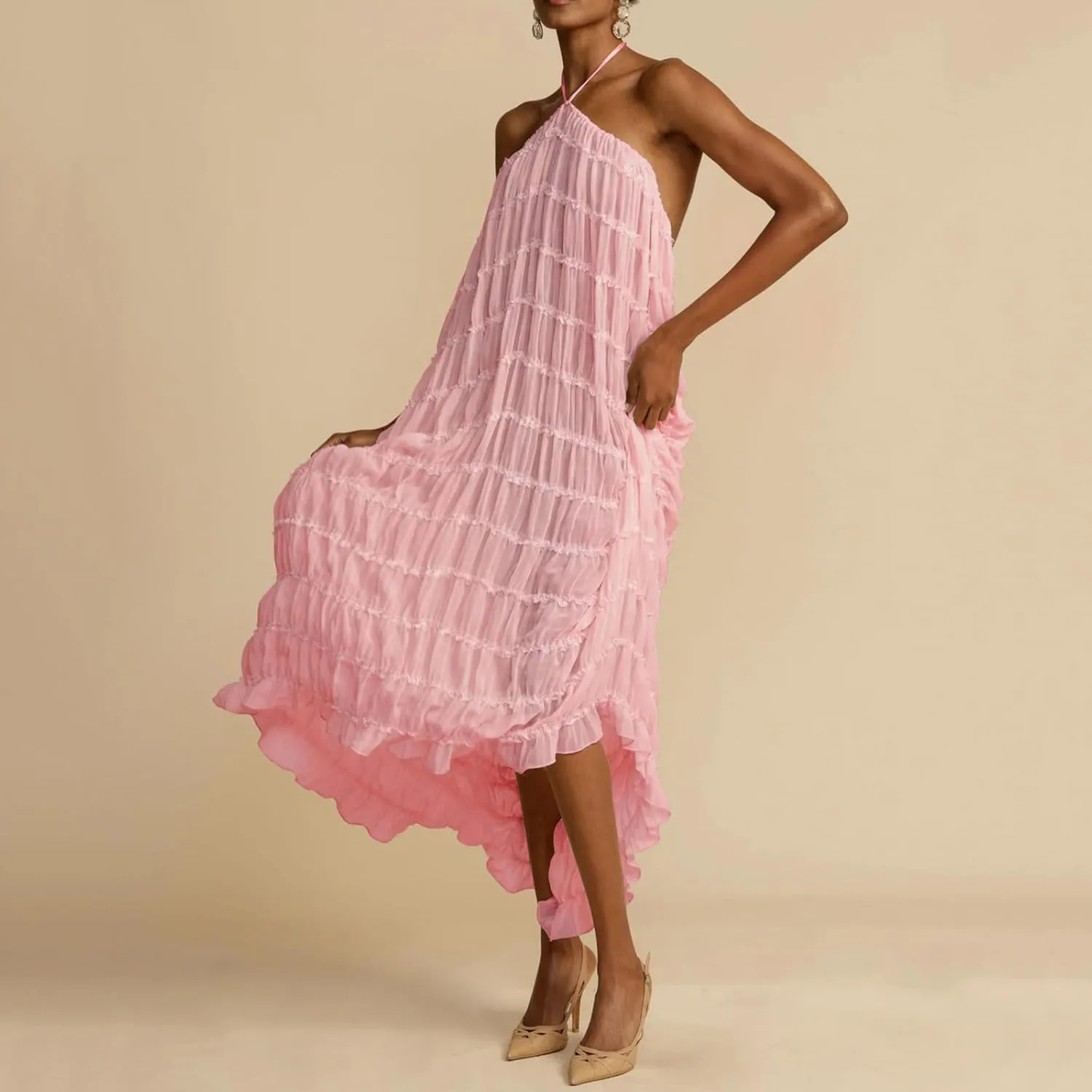 Xiaojmake Elegant Formal Dress Asymmetrical Ruffle Maxi Dresses Mesh Halter Neck Sleeveless Flowy Tiered Long Wedding Dress