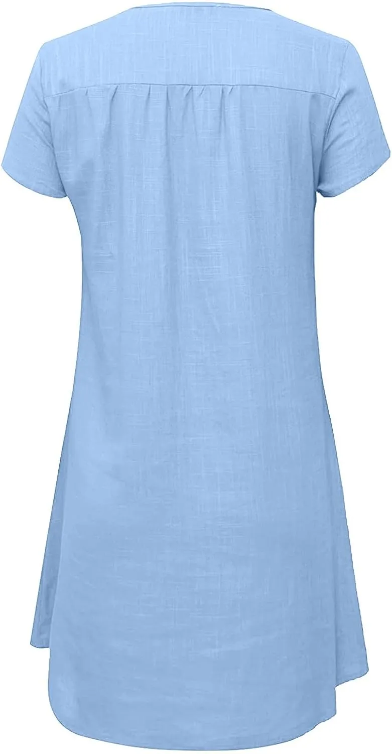 Xiaojmake Linen Dress for Women 2025 Summer Dresses V Neck Short Sleeve Sundress Plus Size Vacation Mini Beach Boho Dress