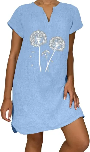 Xiaojmake Linen Dress for Women 2025 Summer Dresses V Neck Short Sleeve Sundress Plus Size Vacation Mini Beach Boho Dress