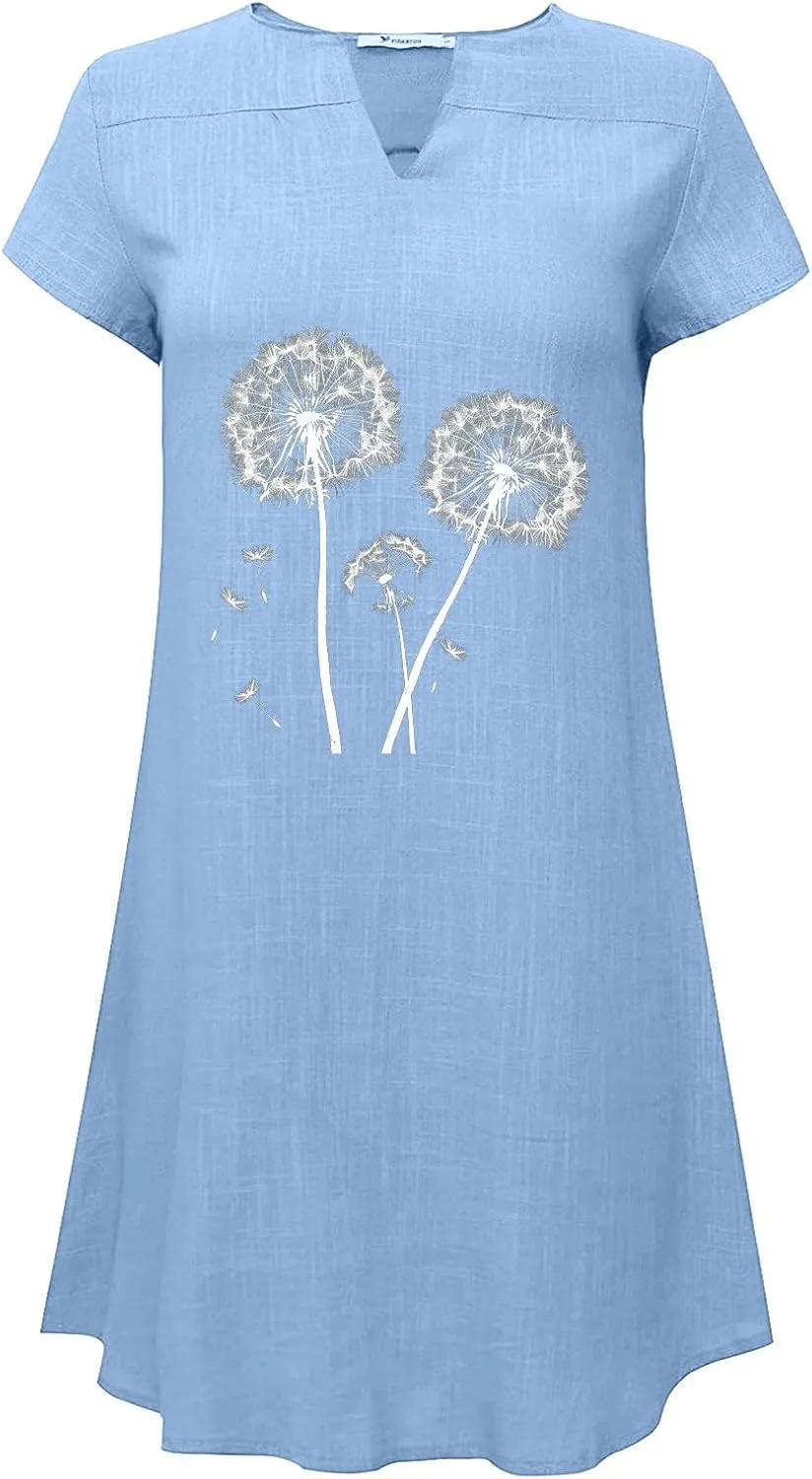 Xiaojmake Linen Dress for Women 2025 Summer Dresses V Neck Short Sleeve Sundress Plus Size Vacation Mini Beach Boho Dress