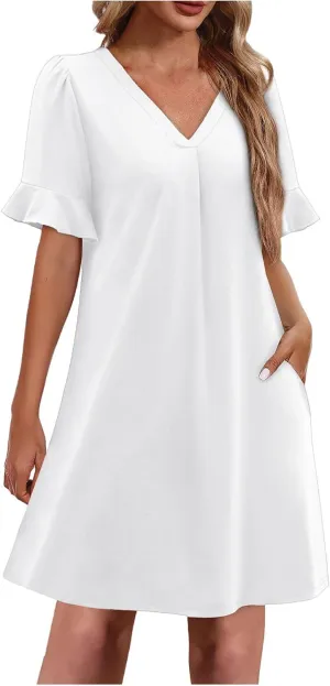 Xiaojmake Shift Dress for Women V Neck Ruffle Short Sleeves Solid Color Shirt Dress Casual Chiffon Flowy Summer Mini Dresses