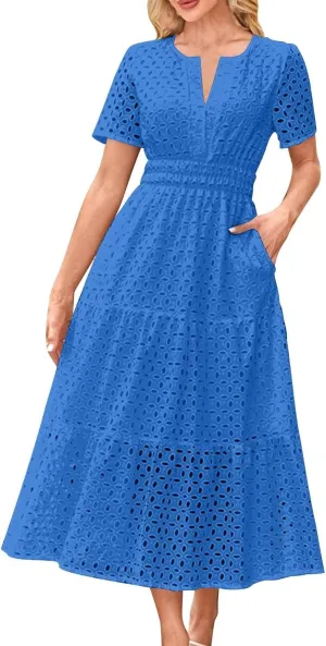 Xiaojmake Summer Dresses for Women 2025 Short Sleeve Hollow Out Eyelet Dress Boho Dressy Swing Long Maxi Dresses with Pockets