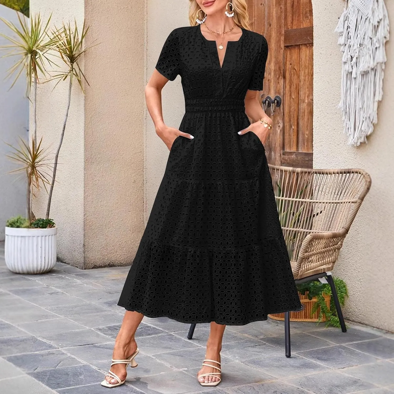 Xiaojmake Summer Dresses for Women 2025 Short Sleeve Hollow Out Eyelet Dress Boho Dressy Swing Long Maxi Dresses with Pockets