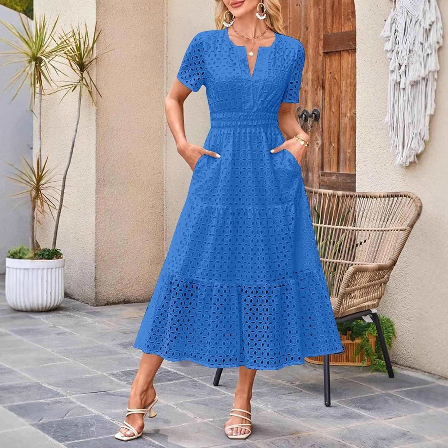Xiaojmake Summer Dresses for Women 2025 Short Sleeve Hollow Out Eyelet Dress Boho Dressy Swing Long Maxi Dresses with Pockets