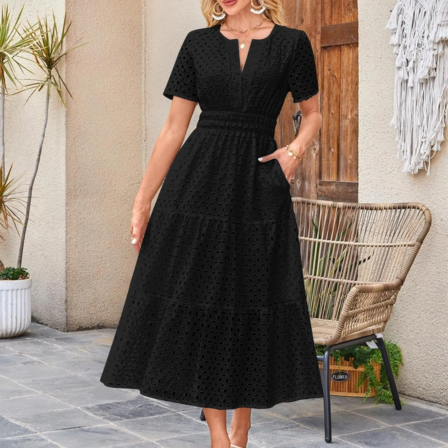 Xiaojmake Summer Dresses for Women 2025 Short Sleeve Hollow Out Eyelet Dress Boho Dressy Swing Long Maxi Dresses with Pockets