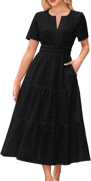 Xiaojmake Summer Dresses for Women 2025 Short Sleeve Hollow Out Eyelet Dress Boho Dressy Swing Long Maxi Dresses with Pockets