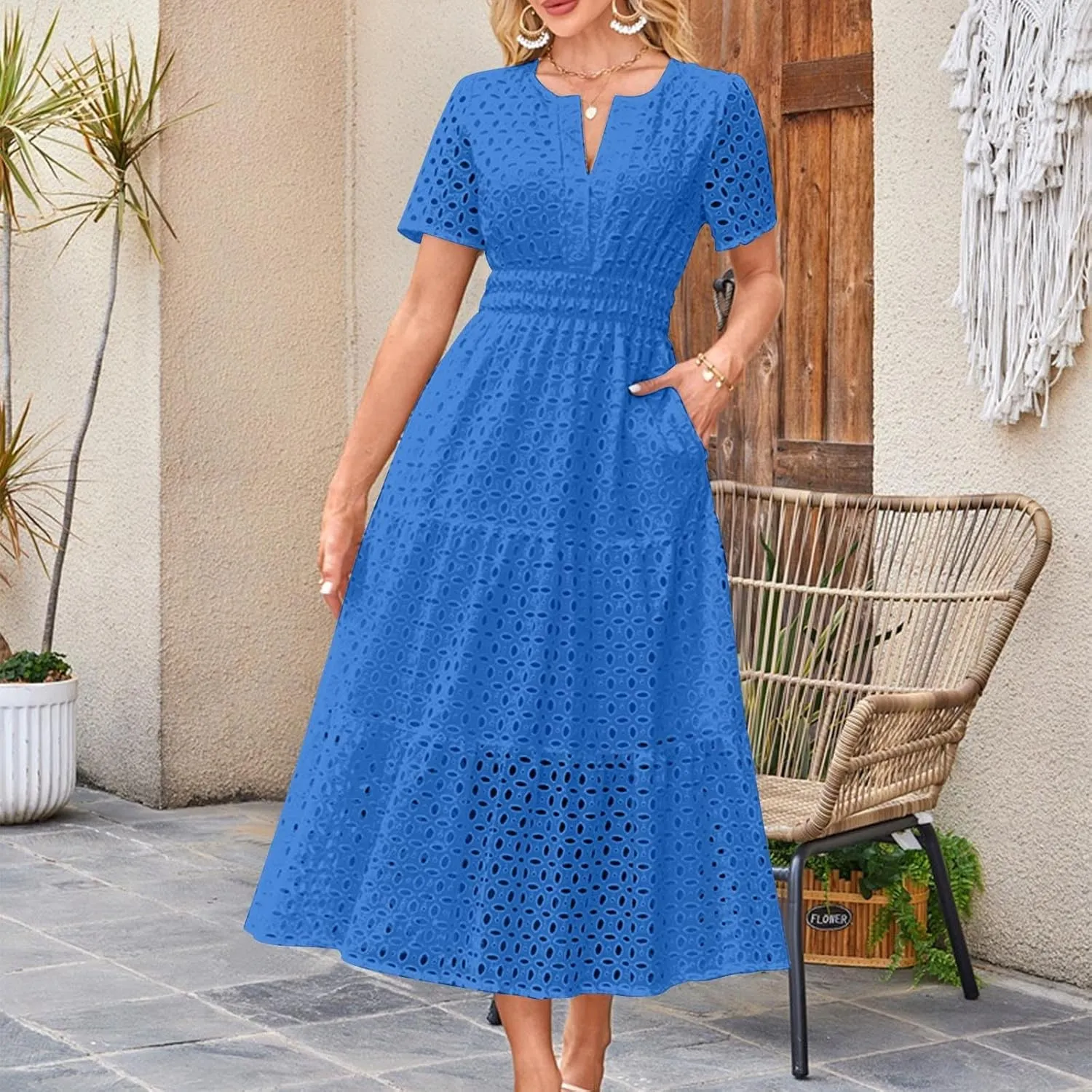 Xiaojmake Summer Dresses for Women 2025 Short Sleeve Hollow Out Eyelet Dress Boho Dressy Swing Long Maxi Dresses with Pockets