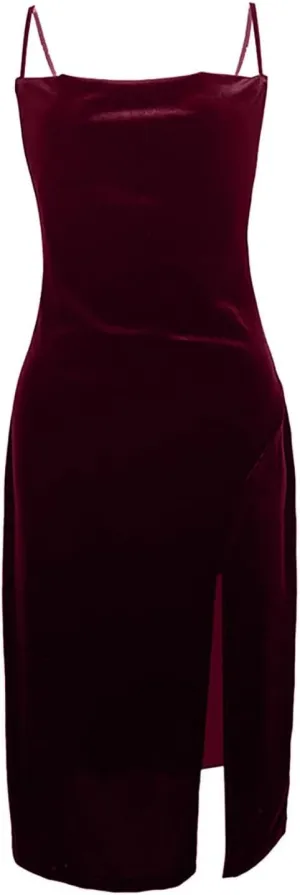 Xiaojmake Women's Sexy Velvet Spaghetti Straps Long Dress Ruched Bodycon Party Club Dresses Cocktail Party Dress with Slit