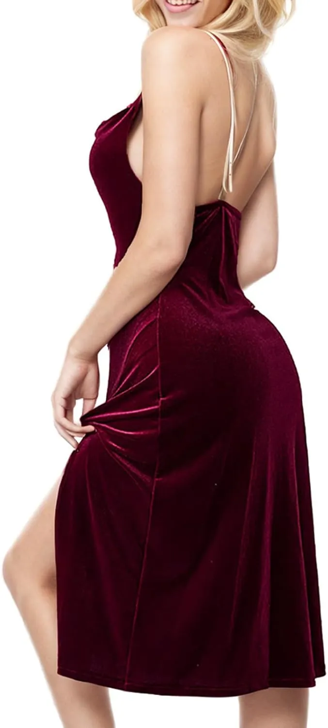 Xiaojmake Women's Sexy Velvet Spaghetti Straps Long Dress Ruched Bodycon Party Club Dresses Cocktail Party Dress with Slit
