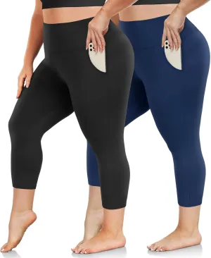yeuG Plus Size Capri Leggings for Women-High Waisted Tummy Control Stretchy X-Large-4X Spandex Workout Running Yoga Pants